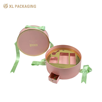 kopen Custom Luxury Boxes WholesalRound Cosmetic Paper Box Met Uniek Design Mini Drawer Box Groen lint Handle And Gold Tray Voor schoonheid Essentials online manufacture