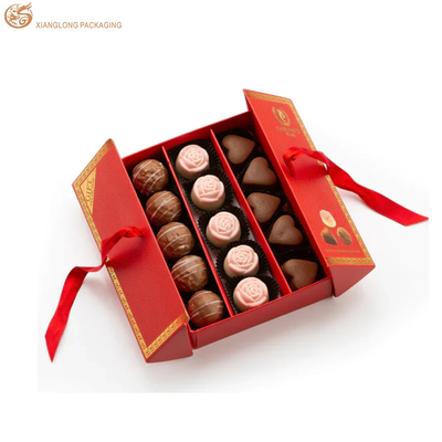 kopen Custom Print Logo Double Door Chocolade Dozen Rode Chocolade Verpakkingsdoos Bruiloftsfavoriet Geschenkdozen Met Lint Sluiting online manufacture