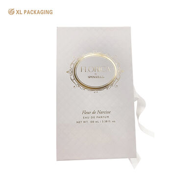 kopen Book Shape Perfume Gift Box with White Ribbon, Embossed & Hot Stamping Gold Luxury Fragrance Packaging Box online vervaardiging