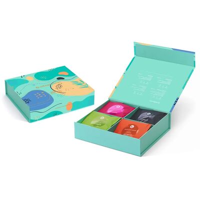 kopen Aangepaste Magnetische Thee Cadeaubox Vier Caviteiten Goudfolie Embossing Met Papieren Verdeler online vervaardiging