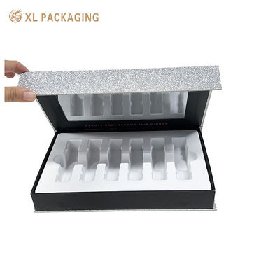 Luxe zilveren glitter magnetische geschenkdoos met spiegel en aanpasbaar PVC-bakje voor cosmetische verpakkingen