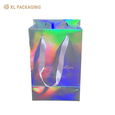 Custom Logo Printing Kleine grootte Holografische reclame Glitter Hologram Zilveren folie cadeau drager papieren zak voor sieraden