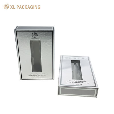 Custom logo magneet cosmetische cadeaubon met matte laminatie pvc venster en wit flocking tray voor anti-aging serum verpakking