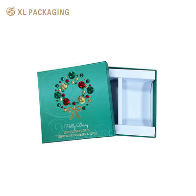 Custom groene luxe verpakking kerst verpakking decoratie bogen goud warm stempel deksel en basis dozen voor cosmetica