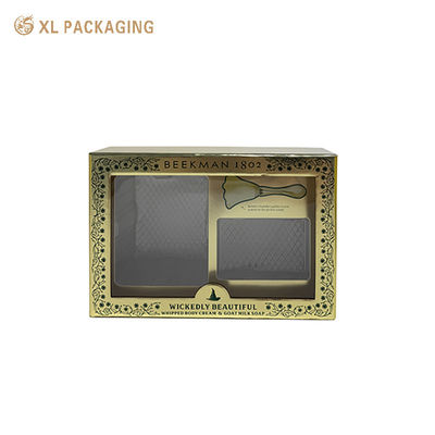 Custom Gold Rigid Two-Piece Gift Box met PET Window, 2mm Grey Board Skincare Set Packaging Box voor Body Lotion Soap met PET Invoegsel