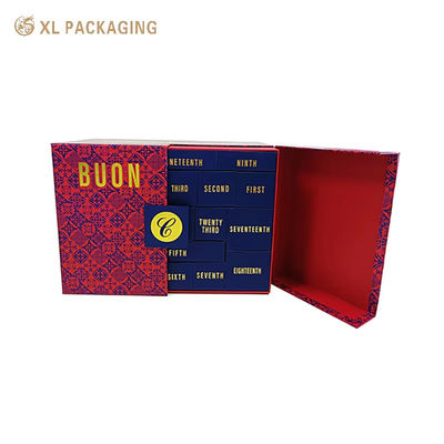 Custom Double Door Advent Calendar Box voor kruiden, Hot Gold Foil Logo, 24 gemengde grootte Navy Drawer Dozen met Gold Foil Nummer