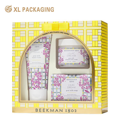 Custom Valentijnsdag cosmetische cadeau doos met gebogen boog PVC-venster en vooraf bevestigde satine boog in versterkte stijve kartonnen structuur