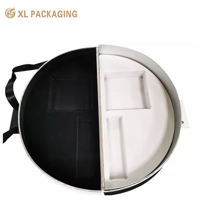 Op maat gemaakte halve cirkel openklapbare magnetische sluiting geschenkdoos met op maat gemaakte schuiminzetstukken en handvatband voor luxe cosmeticaverpakking