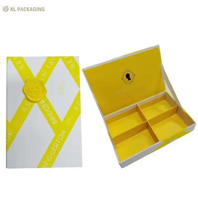 XL Verpakking Op maat gedrukte cosmetische dozen Geel fluwelen afwerking Harz logo Cosmetisch papieren doos met magnetische sluiting en 4-compartiment ontwerp voor huidverzorging verpakking