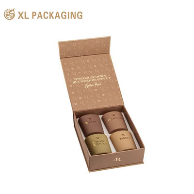 Custom Logo Magnetische Flip Book Kaars Geschenkdoos, 4 Pack Luxe Bruin Papier Verpakkingsdoos Met Custom Invoegbak Voor Geurige Kaars Cosmetische Geschenk Verpakking