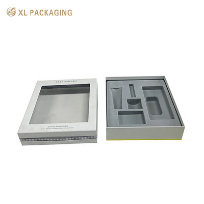 Fabriek Custom Two Pieces Rigid Window Gift Box Ribbon Bow, Custom Grey Flocked Blister Insert voor huidverzorging Cosmetische verpakking